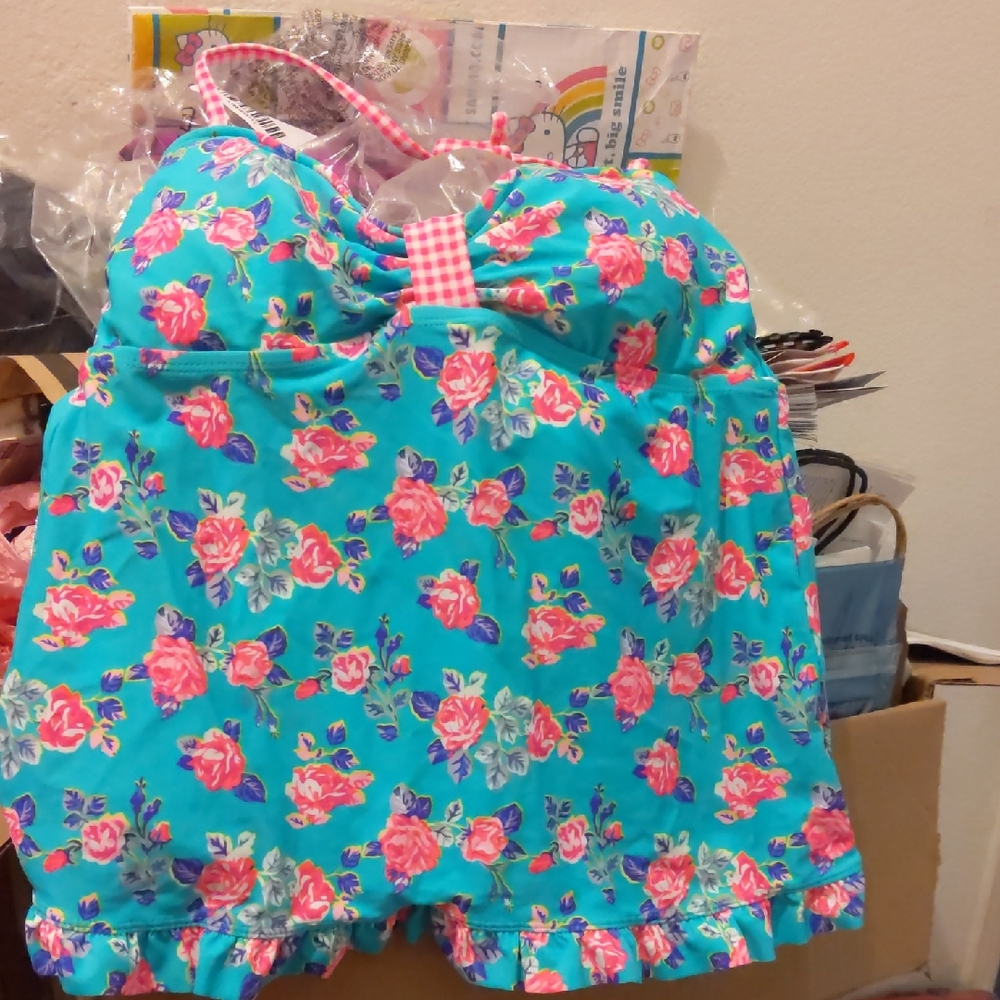 Pink Gingham Floral Tankini